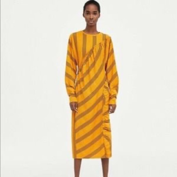 Zara collection Yellow Mustard Black Dress Midi Ruffled Ruched Dress L large - Picture 2 of 11